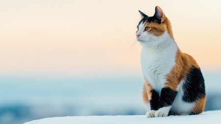 A serene calico cat with a striking white face sits peacefully outdoors, showcasing its colorful fur against a tranquil winter background.の素材