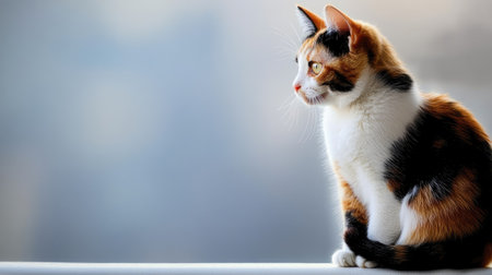 A beautiful calico cat with a white face sits gracefully, gazing into the distance. Soft lighting highlights its vivid colors and serene expression. Perfect for animal lovers.の素材