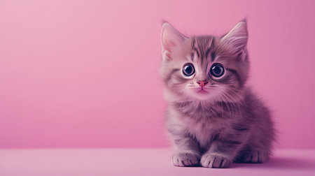 This adorable kitten with short legs and large eyes sits against a soft pink background, capturing the essence of playfulness and cuteness in a delightful portrait.の素材