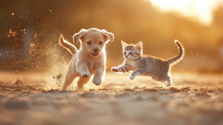 A lively puppy and an adventurous kitten play joyfully in the sunlight, showcasing their playful spirit and friendship. Perfect for animal lovers!の素材