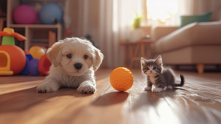 A playful puppy and a curious kitten interact beside an orange ball in a sunlit room, showcasing their adorable friendship and joyful spirit.の素材
