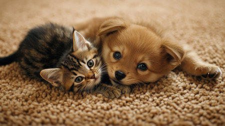 A cute puppy and playful kitten enjoy a cozy moment together on a soft carpet. Their innocent expressions and furry forms emphasize the charm of pet companionship.の素材