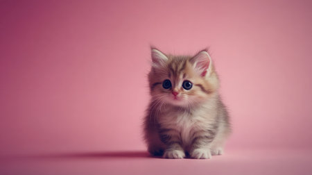 A cute and playful fluffy kitten poses against a soft pink background, showcasing its expressive eyes and adorable features, perfect for animal lovers.の素材