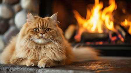 A stunning Persian cat lounges gracefully by a cozy fireplace, showcasing its luxurious fur and expressive eyes. Perfect for cozy home scenes.の素材