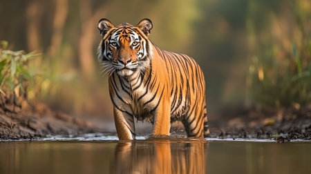 A majestic Bengal tiger stands in shallow water, showcasing its striking stripes and powerful physique against a serene natural backdrop. Perfect for wildlife enthusiasts.の素材