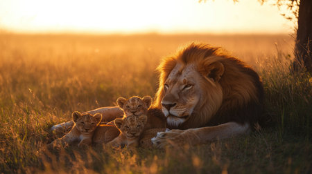 A majestic lion rests peacefully with its adorable cubs in the golden light of sunset. This serene scene captures the beauty of wildlife and family bonds in their natural habitat.の素材