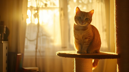 A serene ginger cat sits on a perch, basking in warm sunlight. The soft glow creates a peaceful atmosphere, highlighting the feline's beauty and charm.の素材