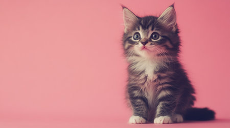 This charming fluffy munchkin kitten, poised on a soft pink background, showcases its adorable small legs and expressive eyes, capturing a sense of playful innocence.の素材