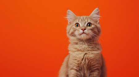 A playful Scottish Longhair cat with striking features poses against a vibrant orange background, exuding charm and personality in this delightful portrait.の素材