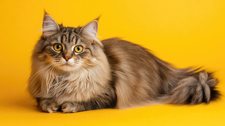 This charming Scottish Straight Longhair cat with vibrant fur and expressive eyes lies gracefully against a cheerful yellow backdrop, showcasing its playful nature.の素材