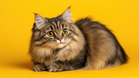 A charming Scottish Longhair cat with striking eyes poses playfully on a vibrant yellow background, showcasing its fluffy coat and adorable expression.の素材