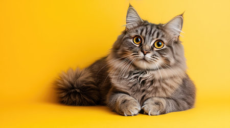 A charming Scottish longhair cat strikes a playful pose against a bright yellow backdrop, showcasing its soft fur and striking orange eyes, perfect for cat lovers.の素材