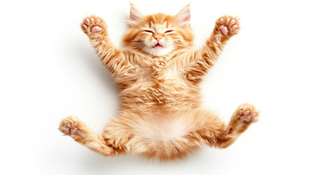 A playful orange cat joyfully jumps with its paws outstretched, capturing a moment of fun and liveliness. The fluffy feline displays charm and energy.の素材