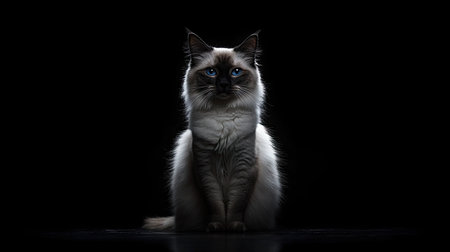 A striking close-up of a young regal Ragdoll cat sitting elegantly against a dark background, highlighting its soft fur and captivating blue eyes, perfect for pet lovers.の素材