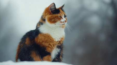 A serene calico cat with a white face sits gracefully in a snowy winter landscape, capturing a moment of calm and beauty in nature.の素材