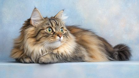 A stunning portrait of a Scottish Straight Longhair cat, gazing calmly. This beautiful feline displays a mix of colors and luxurious fur against a soft background, embodying tranquility and elegance.の素材