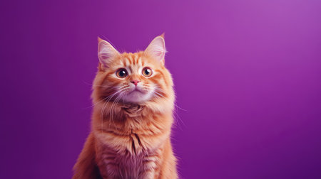 This charming Scottish Straight Longhair cat showcases its playful curiosity against a vibrant purple backdrop, perfect for cat lovers and pet enthusiasts.の素材