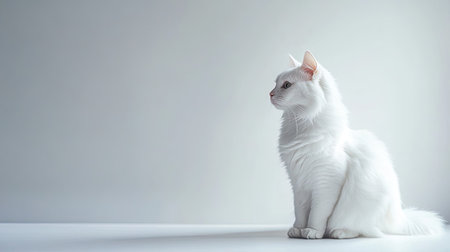 A serene profile of a white longhair cat, sitting gracefully against a soft, minimalist background. Perfect for capturing the essence of calmness and elegance.の素材