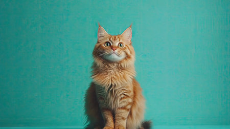 This captivating portrait features a vibrant Scottish Straight Longhair cat sitting gracefully against a colorful backdrop. Its expressive eyes and fluffy fur create a striking visual.の素材