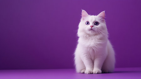 A beautiful Scottish Straight Longhair cat poses gracefully against a vibrant purple backdrop, showcasing its fluffy fur and striking blue eyes. Perfect for pet lovers!の素材