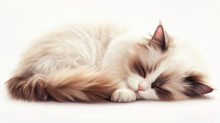 A serene Ragdoll cat peacefully curled up in a cozy position, exuding tranquility and comfort. Perfect for showcasing feline grace and relaxation.の素材