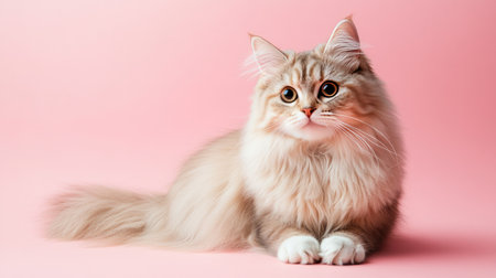 This stunning Scottish longhair cat exudes charm with its fluffy fur and expressive eyes. Captured against a pink background, it radiates elegance and serenity.の素材