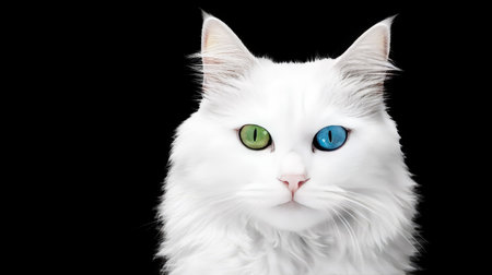 This striking image features a beautiful white cat with one vibrant green and one blue eye, showcasing its unique charm and captivating gaze against a black background.の素材