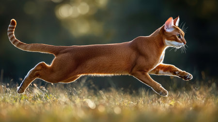 A stunning image of a sleek muscular cat in mid-run, showcasing its agility and grace against a vibrant outdoor backdrop, capturing the essence of feline beauty in motion.の素材