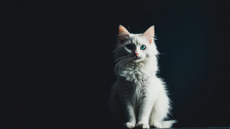 This captivating image features a fluffy white cat with striking heterochromia, sitting gracefully against a dark backdrop, showcasing its unique charm and lovely expression.の素材