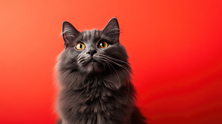 A stunning portrait of a Scottish Straight cat featuring beautiful gray fur and striking orange eyes against a vibrant backdrop, capturing its regal essence.の素材