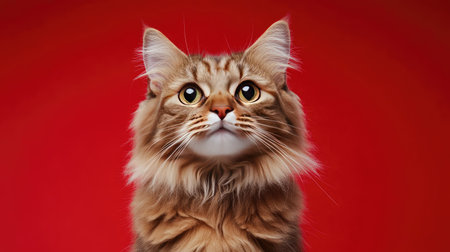 Charming portrait of a Scottish Straight cat on a vibrant red background, showcasing its expressive eyes and luxurious fur. Perfect for pet enthusiasts.の素材
