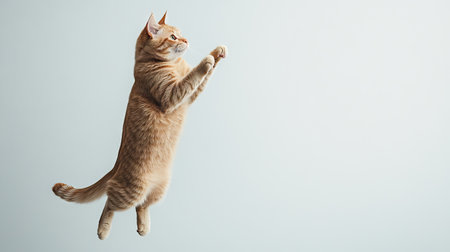 This vibrant image captures an orange cat mid-jump against a minimalist background, highlighting its playful spirit and agility. Perfect for pet-themed projects.の素材
