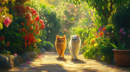 Two charming cats, one ginger and the other white, stroll together along a picturesque garden pathway filled with vibrant flowers and greenery, basking in the warm sunlight.の素材
