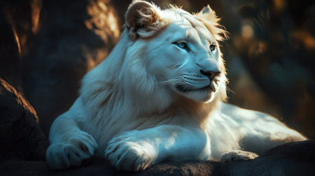 A stunning portrait of a majestic white lion in its natural habitat, displaying its serene beauty and powerful presence. Ideal for wildlife enthusiasts.の素材