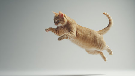 A graceful orange cat captured mid-jump, displaying agility and playful energy. This indoor shot highlights the cat's vibrant fur and dynamic pose.の素材