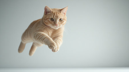 A playful orange cat is captured leaping mid air, showcasing its agility and excitement. This joyful image highlights the dynamic energy of the feline in a playful indoor setting.の素材