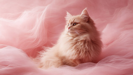A beautiful Scottish cat sits gracefully against a soft pink background, showcasing its fluffy coat and serene expression, perfect for pet lovers and decor.の素材