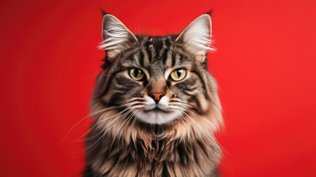 This striking portrait features a Scottish Straight cat with vibrant eyes against a bold red background. The detailed fur and expression capture the beauty of this feline.の素材