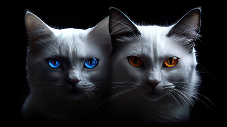 This captivating image features a striking white cat with one blue eye and one orange eye, showcasing unique beauty and expressive features against a dark background.の素材