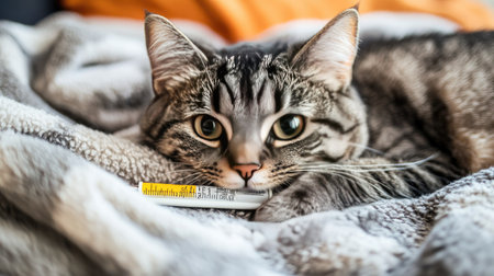 A cat with a thermometer in its mouth, lying on a blanket with a clear background, offering space for text or copy.の素材
