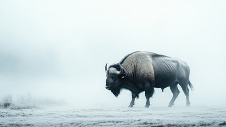 A buffalo walking through a misty landscape with a soft-focus background, featuring large areas of space for text placement.の素材