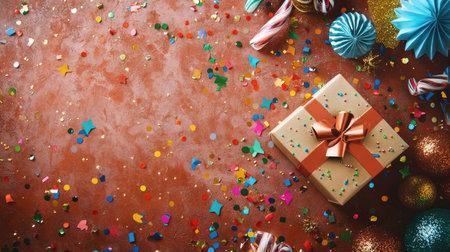A beautifully wrapped gift box surrounded by party decorations, with space on the background for text.の素材