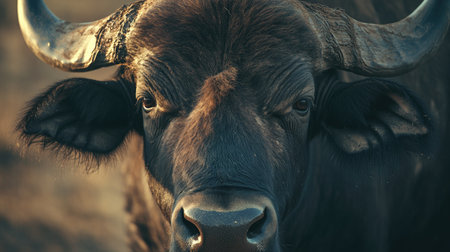 A close-up of a buffalo's face with a soft-focus background, providing plenty of room for adding text or copy.の素材