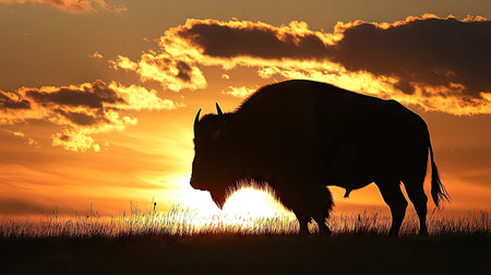 A buffalo silhouetted against a sunset, with a dramatic sky providing ample open space for text or copy.の素材