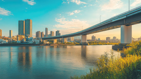 A bridge with a vibrant cityscape in the background, leaving plenty of clear sky and river for text placement.の素材