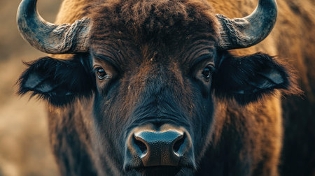 A close-up of a buffalo's face with a soft-focus background, providing plenty of room for adding text or copy.の素材
