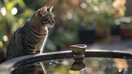 A cat looking at its reflection in a birdbath with a spacious, blurred garden for text placement.の素材