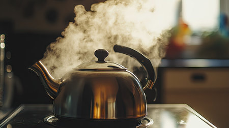 A close-up of a kettle boiling with steam rising, with a clean, unobtrusive background for text placement.の素材