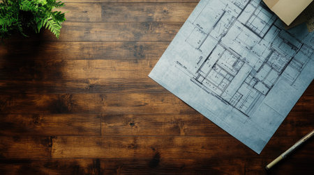 A blueprint of a building on a wooden table, with an empty workspace around for text placement.の素材