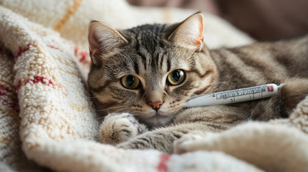 A cat with a thermometer in its mouth, lying on a blanket with a clear background, offering space for text or copy.の素材
